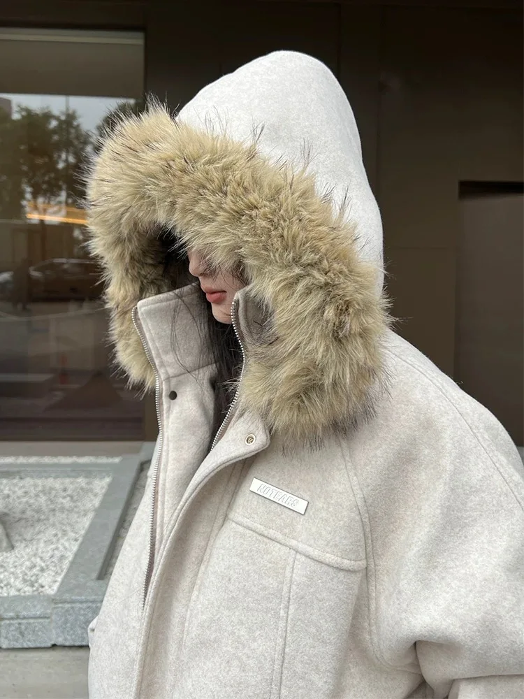 

Ретро-американская хлопковая куртка с капюшоном и меховым воротником, теплое универсальное шерстяное хлопковое пальто с воротником-стойкой на зиму