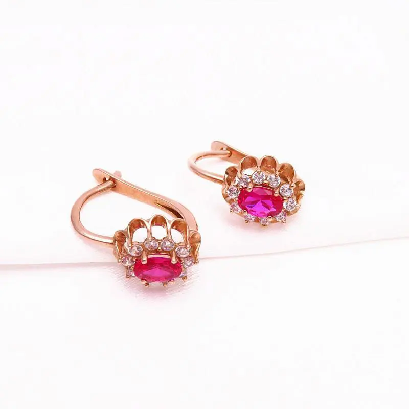 585 purple gold ruby flower earrings for women14K rose gold inlaid crystal elegant wedding high jewelry accessories gift