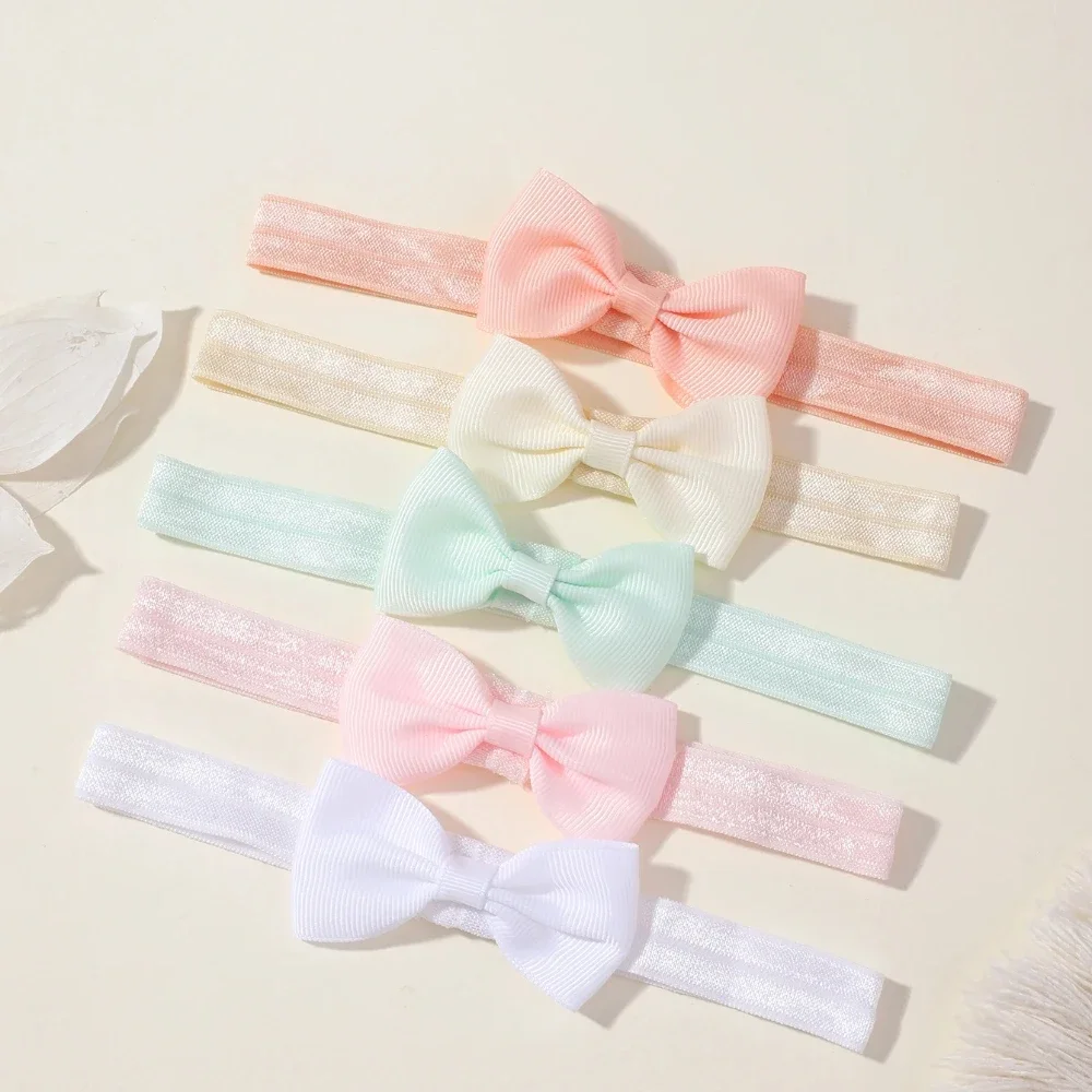 5 ชิ้น/เซ็ตสีทึบ Grograin ริบบิ้น Bowknot สําหรับสาวใหม่ Headwear ผมวงยืดหยุ่นผมเด็กทารกอุปกรณ์เสริมผม