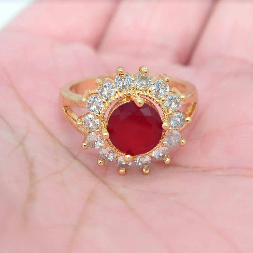 Fashion Gold Color Rose Red Zircon CZ Halo Round Charming Ring for Women