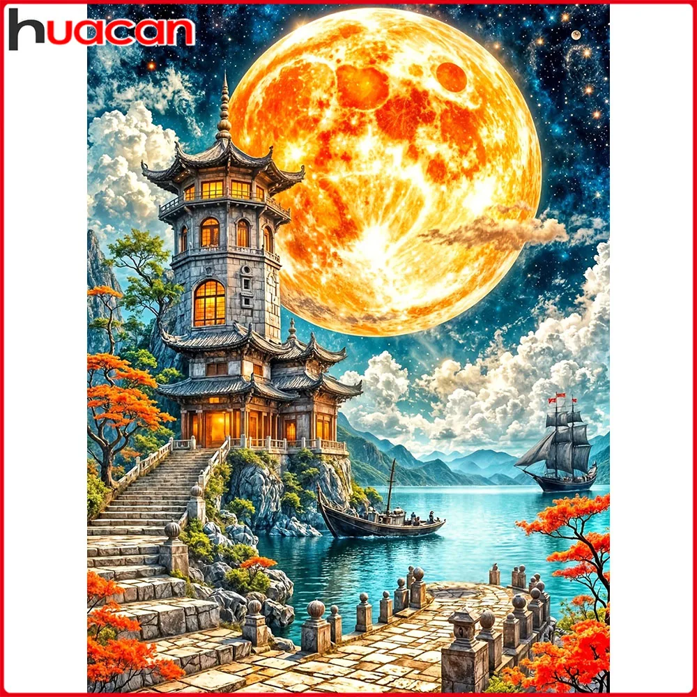 Huacan 5D-Diamantgemälde zum Selbermachen, Mondhaus, Fluss, Diamantmosaik, Landschaft, neue Kollektion, dekorative Gemälde