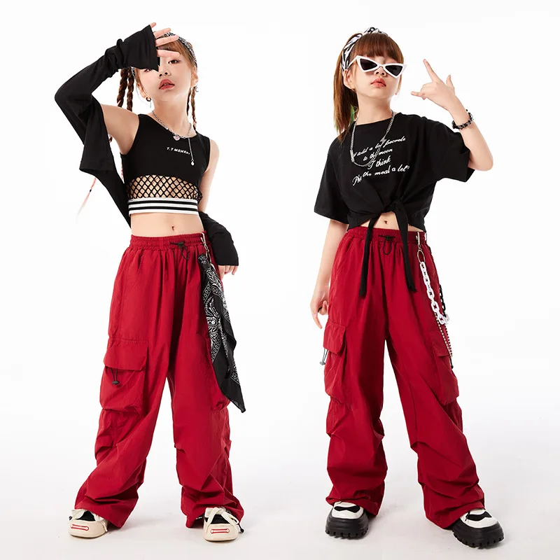 

Kids Kpop Hip Hop Clothing Black Vest Tank Top Streetwear Red Cargo Pants for Girls Jazz Dance Costume Clothes