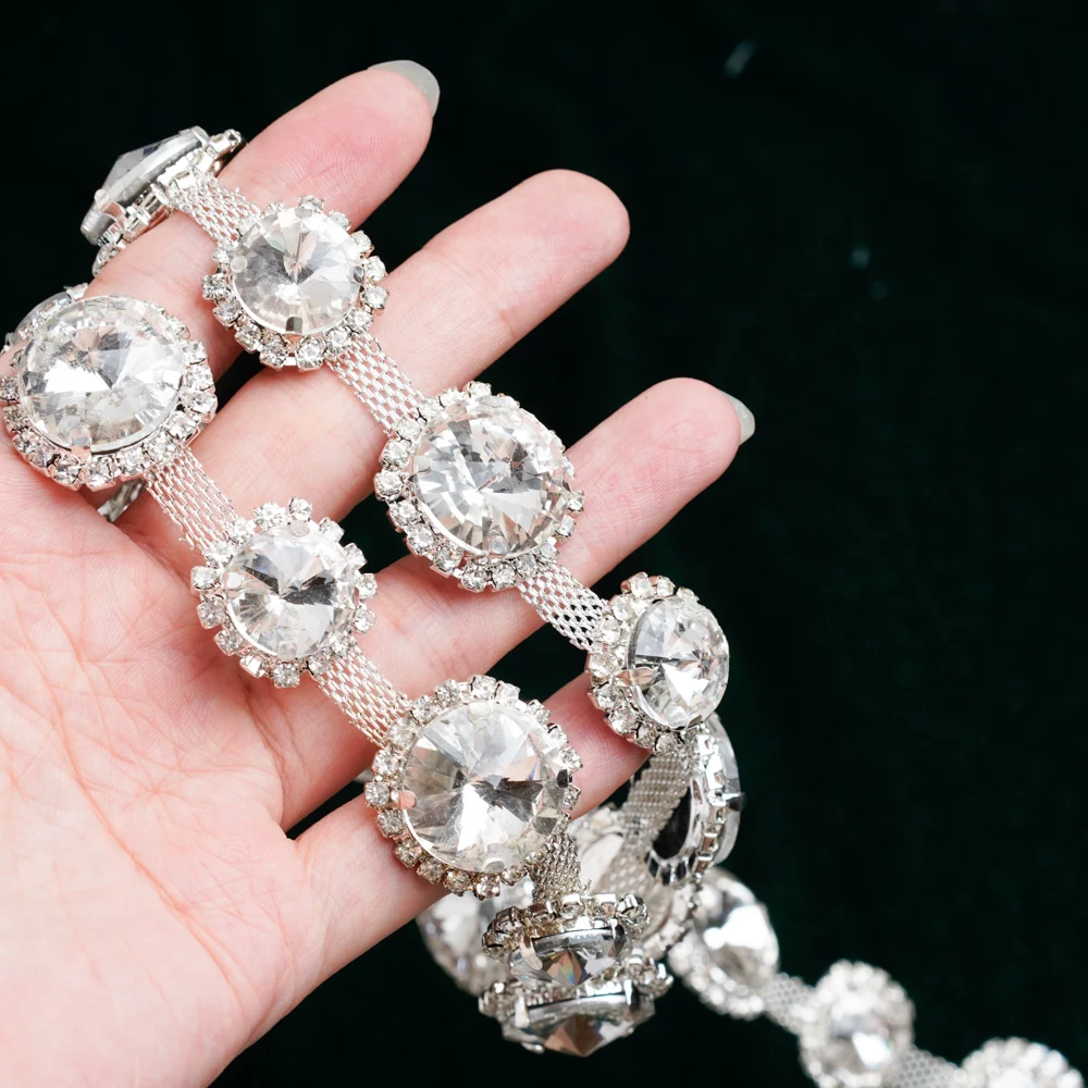 Classic Large Pigeon Egg Crystal Trim Overlapping Design Rhinestone Chain Sewn Blazer Woolen Coat Shirt Neckline DIY Rhinestone