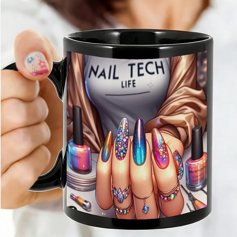 Personalized 11 ounce nail themed 2D printed black ceramic mug, designed as a gift for nail technicians and beauty enthusiasts