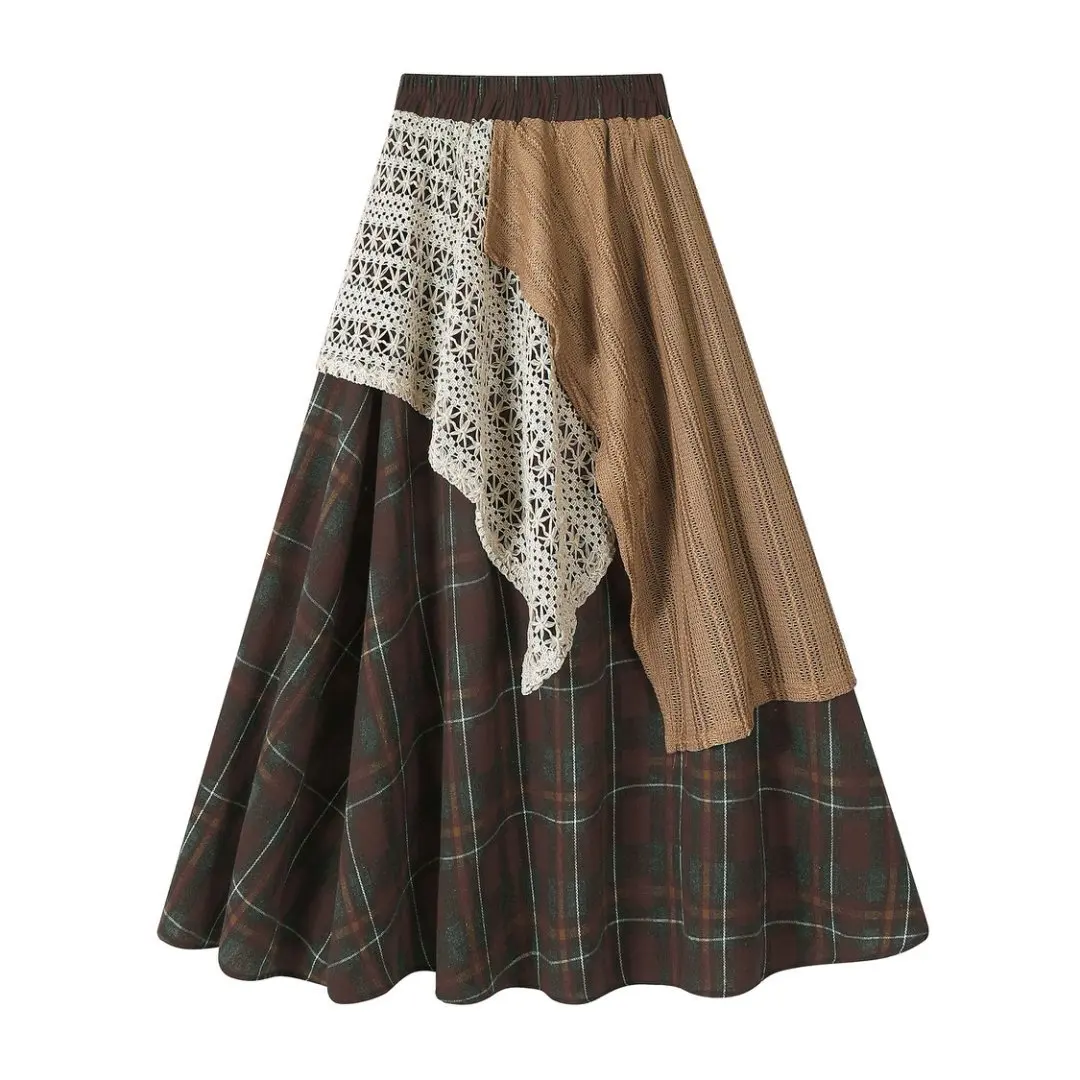 Women Patchwork Plaid Midi Skirt Irregular Asymmetrical Crochet Knit Ruffle Spliced Boho Vintage Streetwear