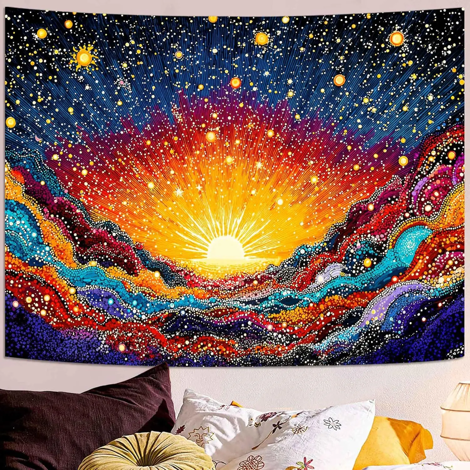 Abstract Cosmic Sunrise Mountains Wall Tapestry, Trippy Galaxy Landscape Tapestries for Bedroom Decor, Artistic Tapestry
