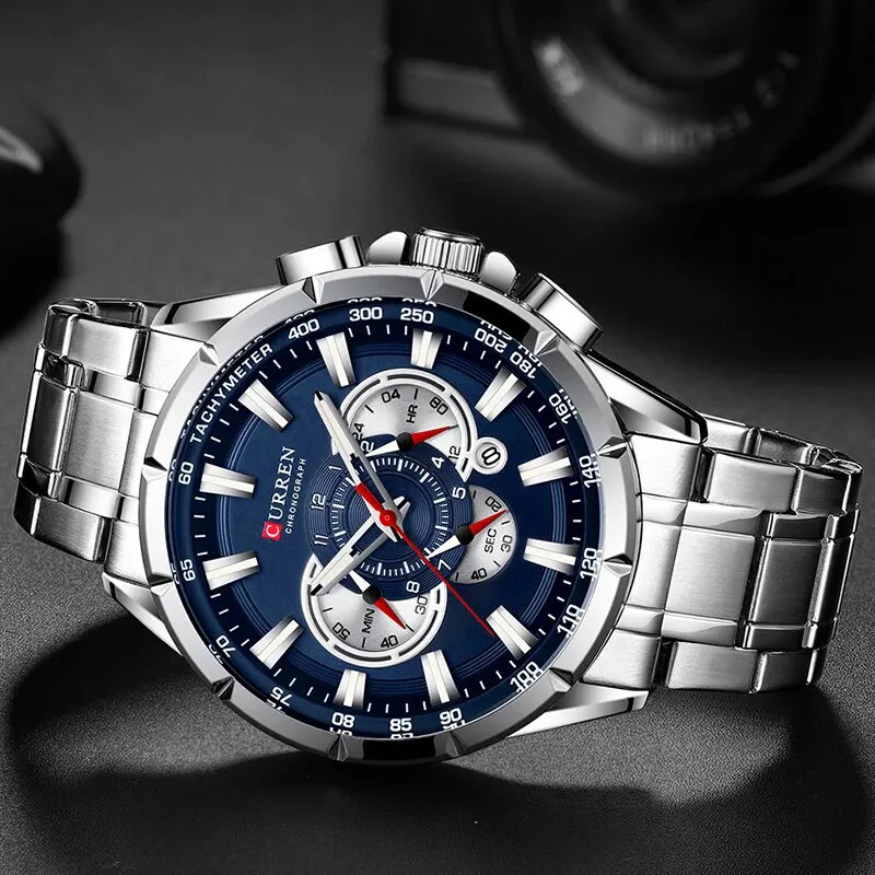 CURREN New Casual Sport Chronograph Mens Watches Stainless Steel Band Wristwatch Big Dial Quartz Clock with Luminous
