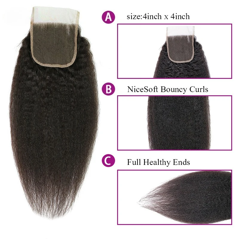 곱슬거리는 생머리 4x4 레이스 클로저 미리 뽑은 모발 150% 밀도 풀 엔드 내추럴 컬러 브라질리언 버진 헤어 10-20인치