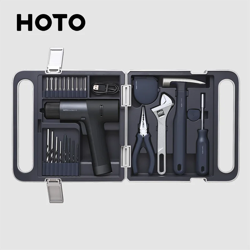 HOTO 12V Electric Drill Toolbox Mixed Repair Tool Set Power Hand Tool Kit For Home Installation Tool Needlenose Plier Hamer