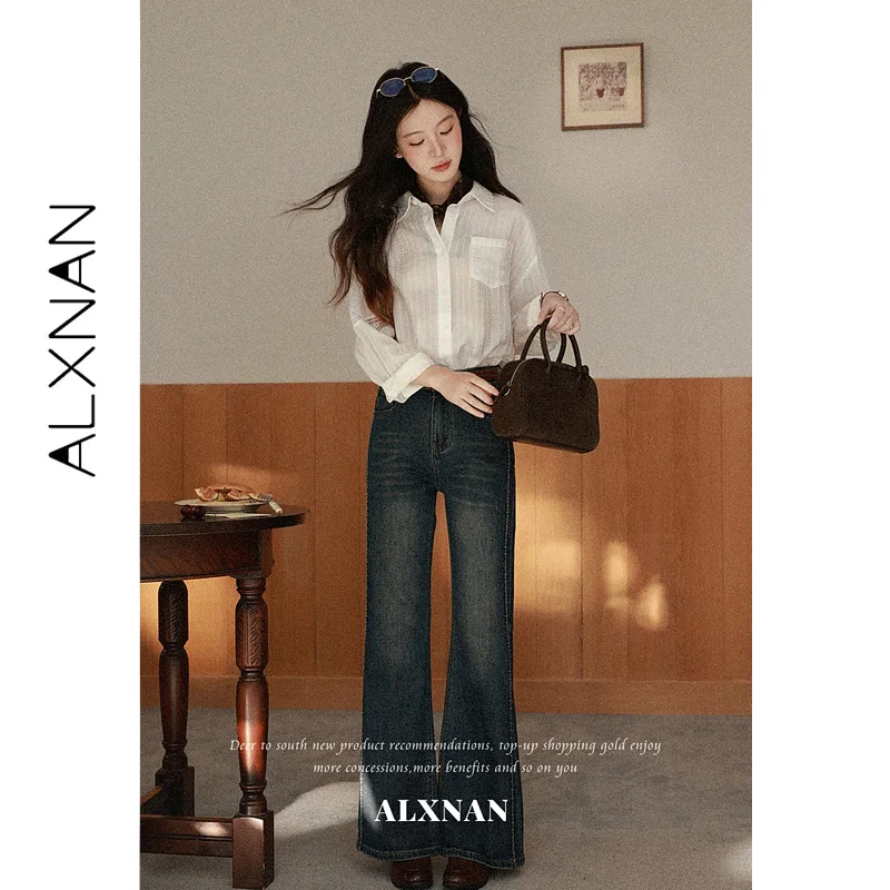 ALXNAN Blue Jeans 2026 New High Waist Straight Fit Side Line Detail Flared Long Trousers Vintage Elegant Ladies Clothing L67610