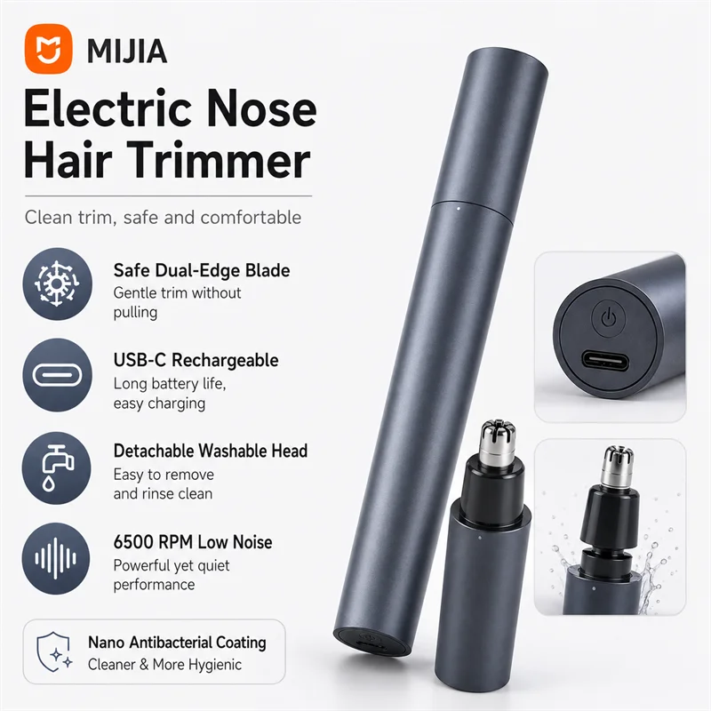 Original MIJIA Electric Nose Hair Trimmer 6500RPM FastTrim Low Pull Detachable Washable Head Type-C Rechargeable 90Min Runtime G