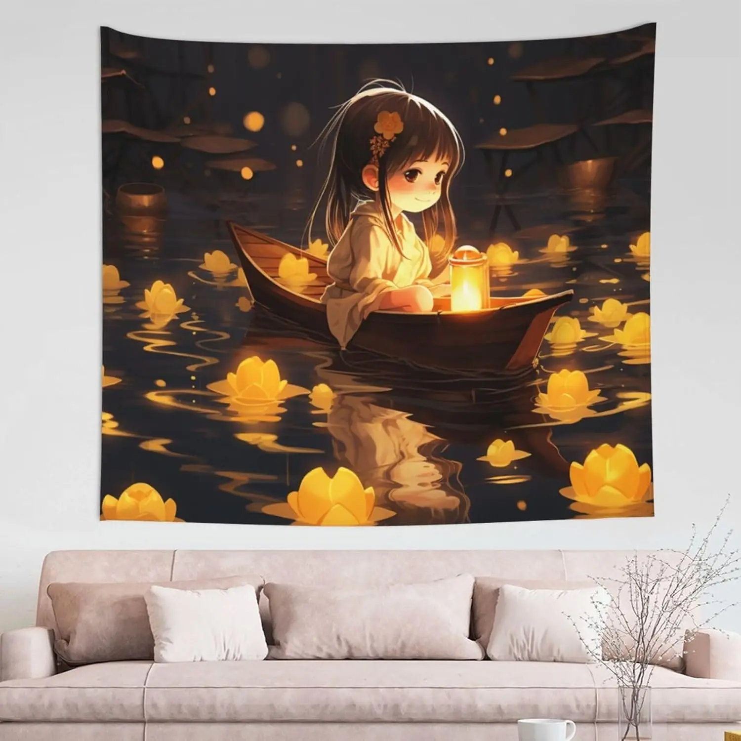 Dreamy Anime Girl Lotus Pond Tapestry Wall Hanging Asian Decoration Kawaii Fantasy Style Bedroom Romantic Art Print Poster