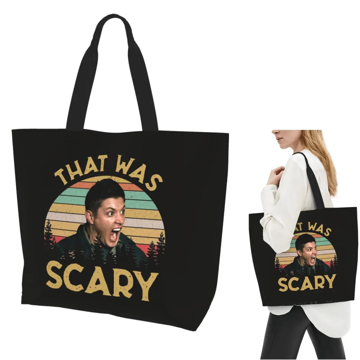 Jensen Ackles Dean Winchester Supernatural That Was Scary Shopping Tote Bag Canvas Shoulder Bags Shopper Grocery Handbag