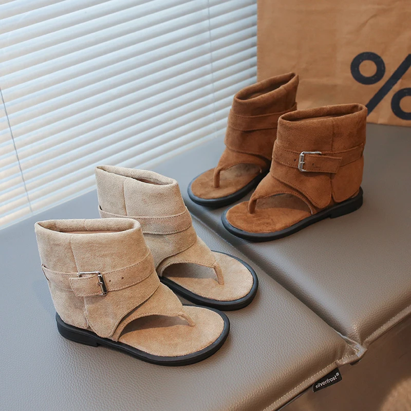 Children's Summer Open Toe Boot Sandals - Suede Leather Thong Adjustable Buckle Strap Non-Slip Casual Gladiator Shoes for Kids