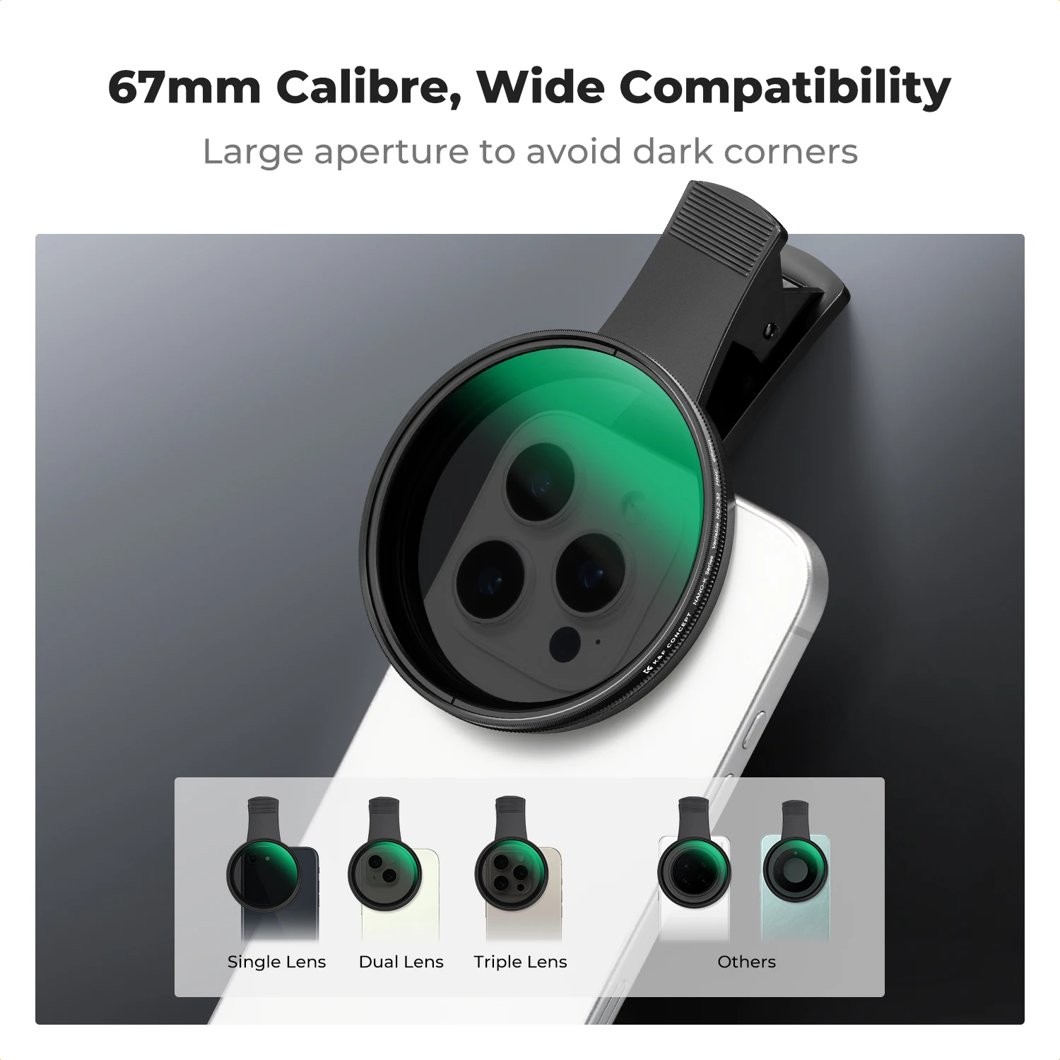 K&F Concept 67 мм Phone ND Filter ND2-32 CPL Filter 1/4 1/8 Black Pro Mist Filter Clip-on для iPhone Мобильный смартфон Камера