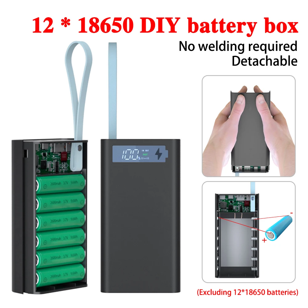 12 PCS 18650 Power Bank Case Batteries Wireless Fast Charge For Mobile Phone Charging No Soldering DIY Battery Storage Boxes