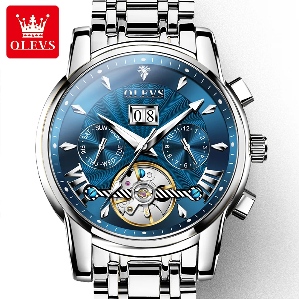 OLEVS 2023 New Skeleton Flywheel Mechanical Watch for Men Waterproof Luminous Watches Luxury Top Brand Men\'s Business Wristwatch