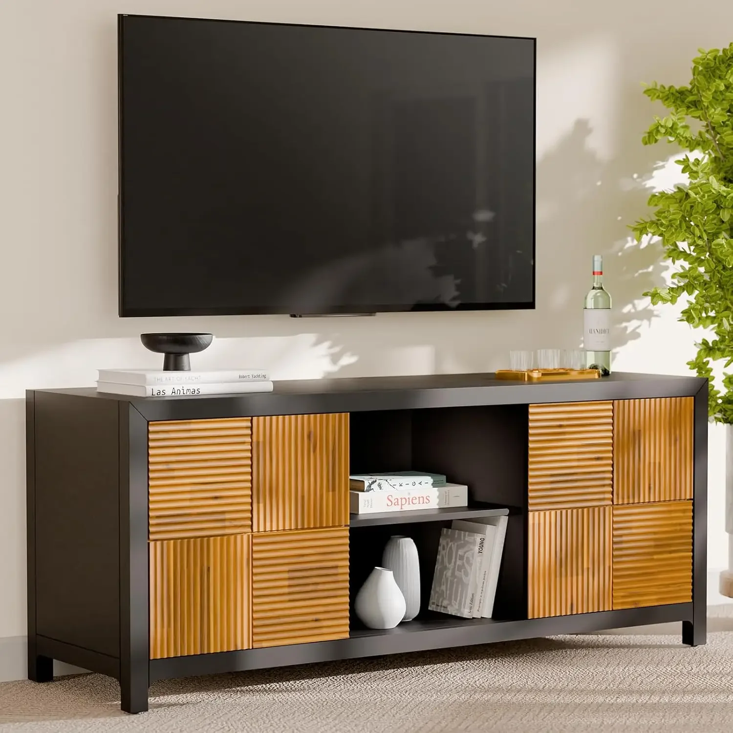 Solid Wood Fluted TV Stand, Fully Assembled TV Media Console, Craft To Last Entertainment Center With Soft Close Door|