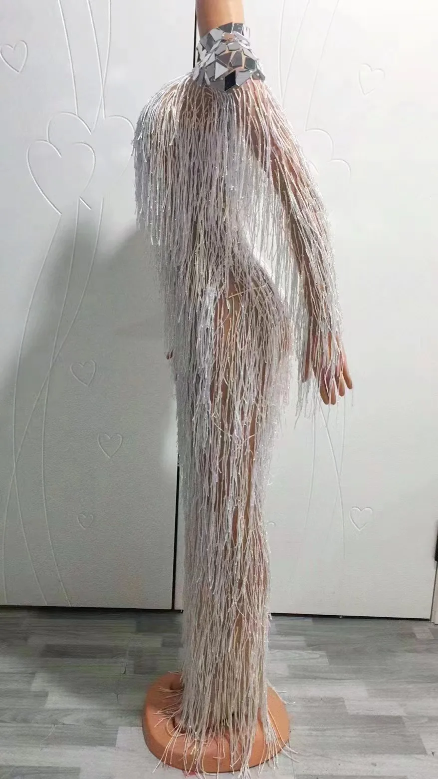 فستان طويل شفاف مع هامش ، الزي مرحلة مثير ، مرآة فضية ، أبيض وذهبي كامل ، مساء راقصة زي ، احتفال عيد ميلاد