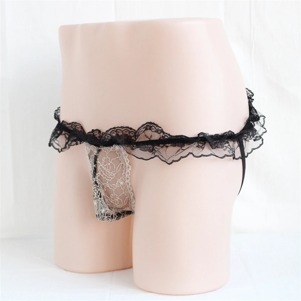 Sexy Men Sissy Thongs Lace See-Through G-String Ultra-thin Open Crotch Bikini Briefs Lightweight Breath Panties Erotic Underwear