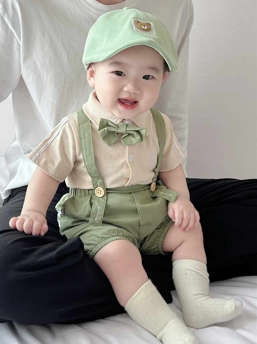 Baby Summer Suit Boy Baby Short Sleeve Polo Shirt Strap Shorts 0-2 Year Birthday Dress Handsome New Born Baby Items