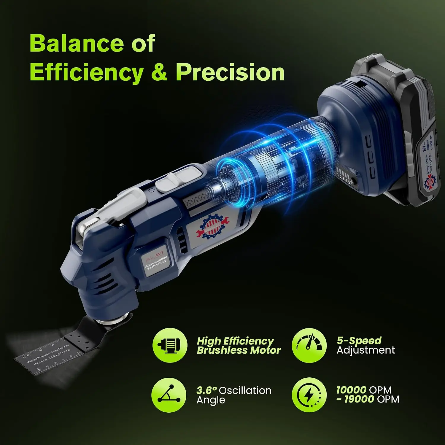 20V Cordless Brushless Oscillating Tool Kit with Battery and Charger | 5-speed control; 10,000–19,000 OPM; soft start; electroni