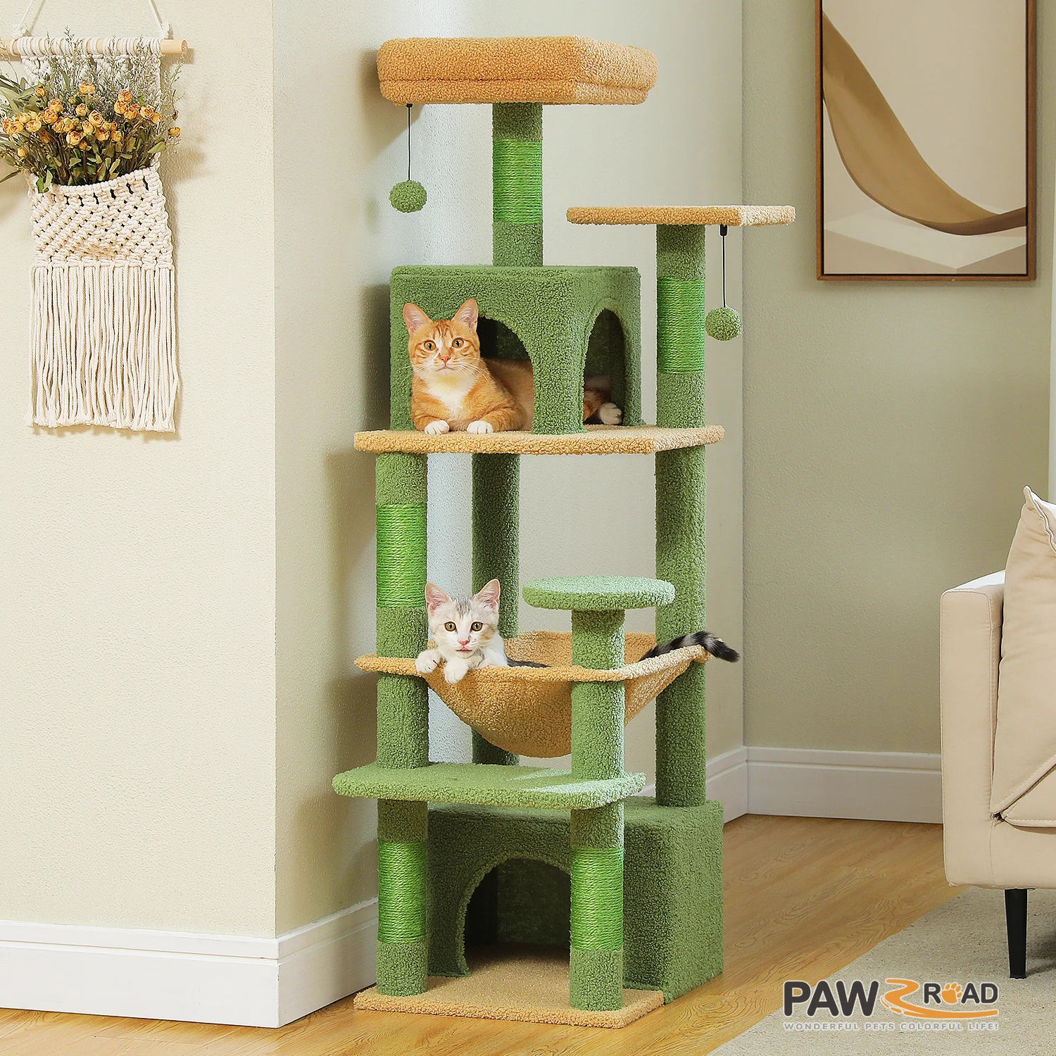 

136cm Cat Tree Tower for Indoor Cats With Sisal-Covered Scratching Posts Spacious Hammock Padded Perches and Condos Green