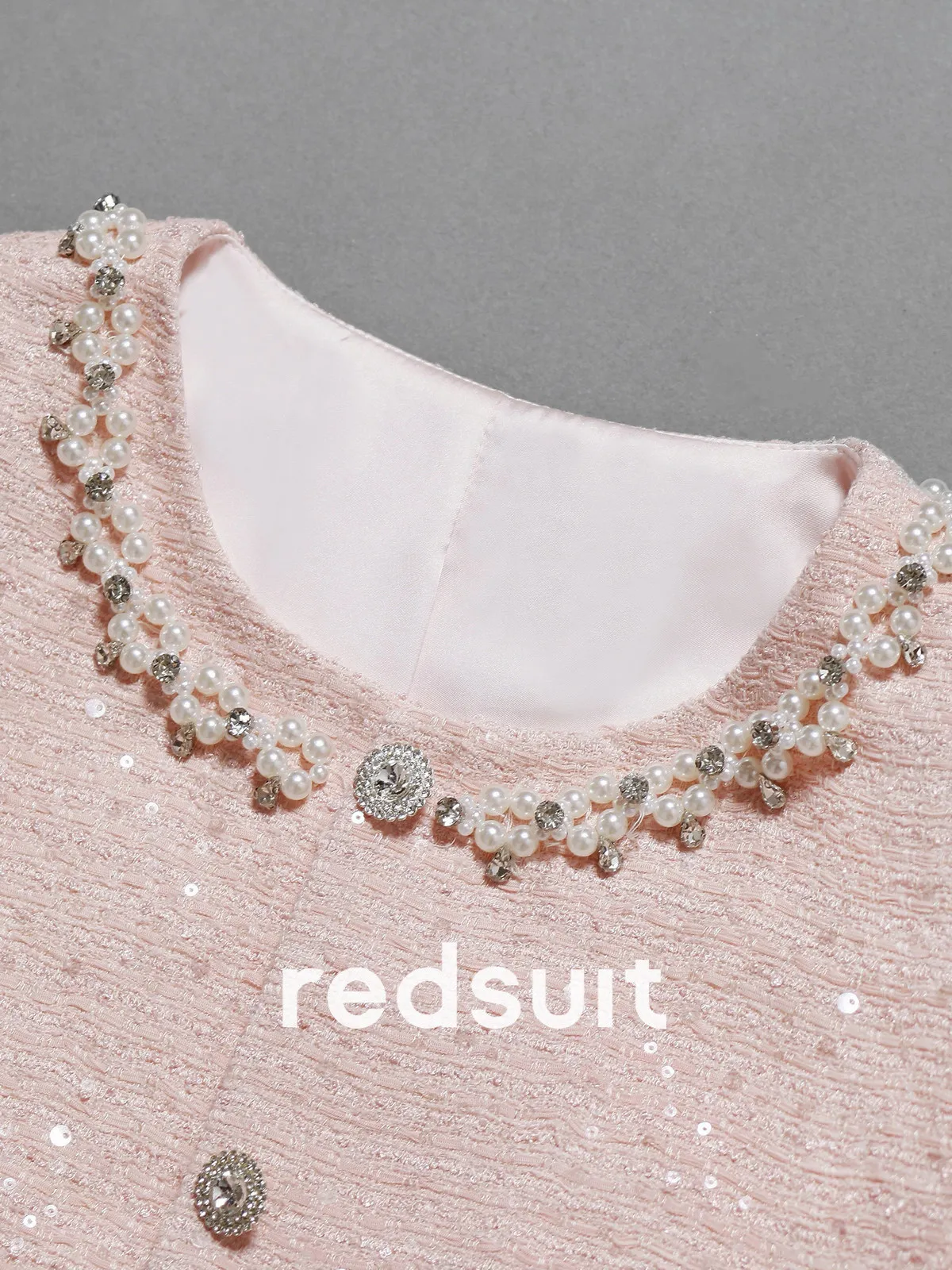 New Heavy industry nail bead pink lightweight tweed jacket versatile top Custom Sizes