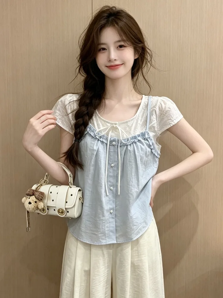 

Blue Embroidered Patchwork Doll Shirt Women's Summer New Color Collision Belted Waist Slimming Short Sleeve Sleeve Blouse