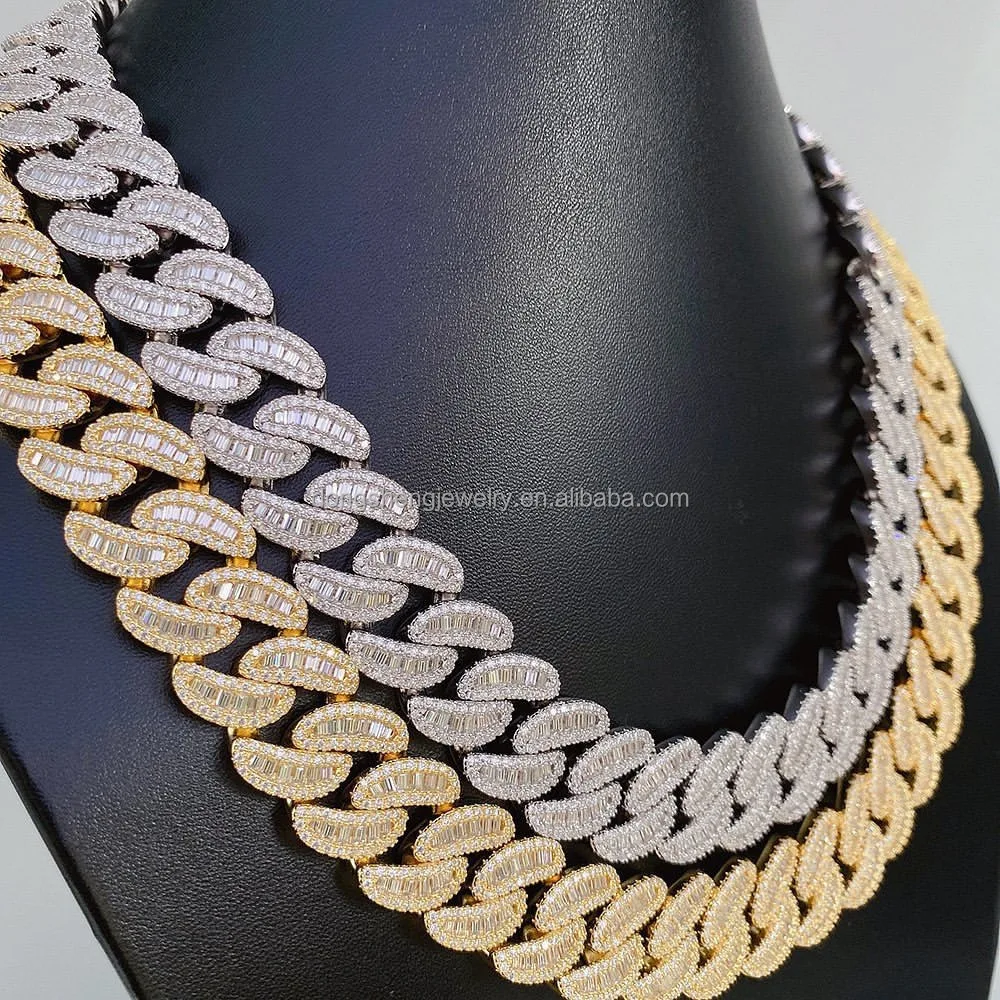 New Dual Cut Moissanite Cuban Link Chain 18mm S925 Silver Pass Tester D Color Baguette & Round Diamond Moissanite Cuban Necklace