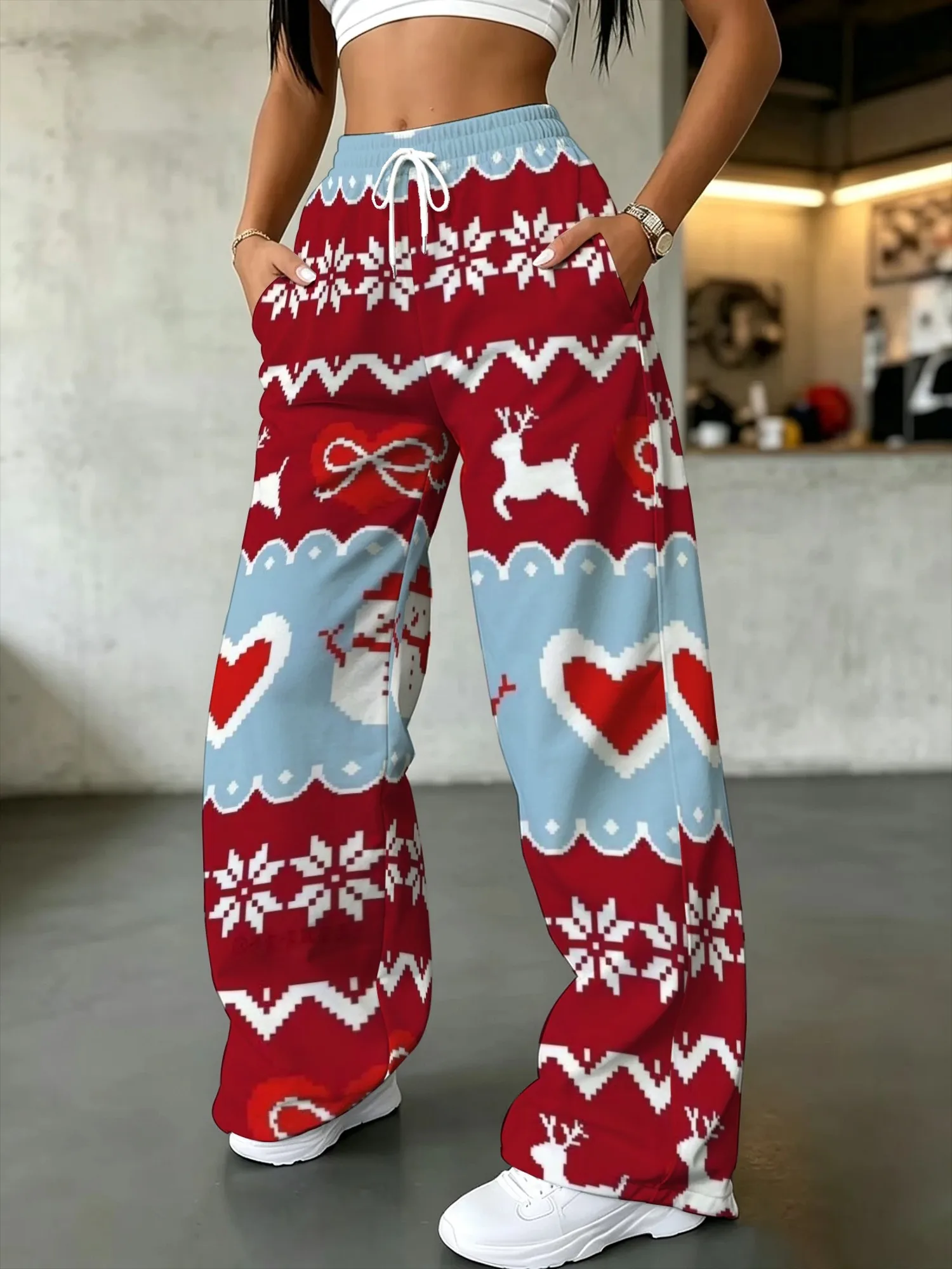 Red and Blue Christmas Snowman Reindeer Pants for Men and Women, Retro Jacquard Loose Fit, Breathable Sports and Casual Pants