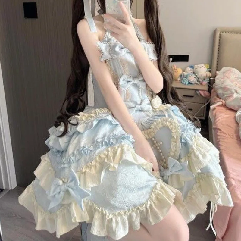 Vestidos de arco midi vestidos de flores princesa jk lolita y2k doce pescoço gravata renda camadas a linha saia menina vestidos de festa novo