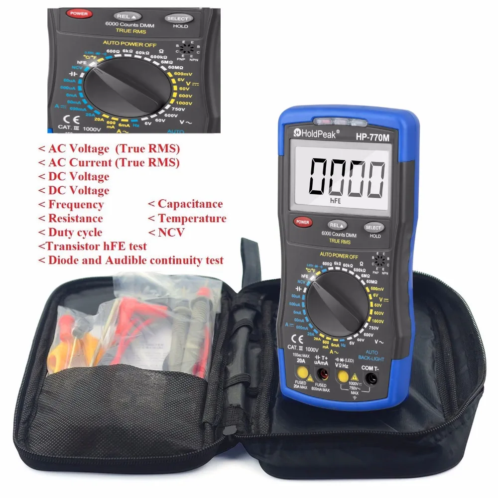 HoldPeak Digital Multimeter HP-770M Auto Range RMS Detector AC/DC Ammeter Voltmeter Ohm NCV HFE Transistor Tester multimetro