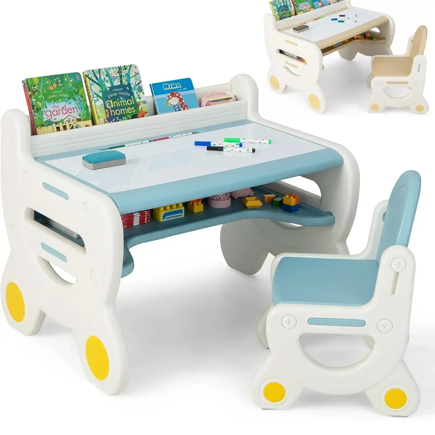 Kids Table and Chair Set, Plastic Children Activity Table with Chair, Toddler Table and Chair Set for Reading,Drawing,Snack Time