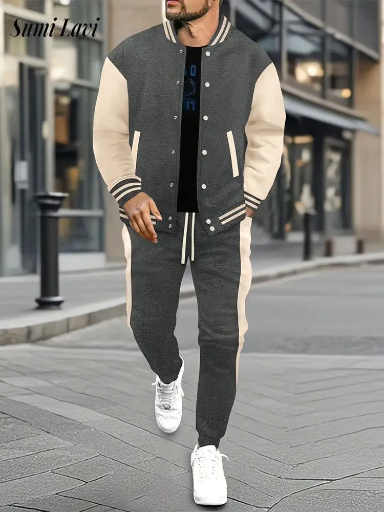 Vintage Mens Patchwork Two Pieces Suits Spring Autumn Casual Zip-up Jacket And Pants Outfits Men Sets Fashion Loose Tracksuits