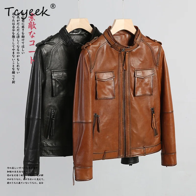 Tcyeek Skórzana Kurtka Damska ze Skóry Owczej na Wiosnę i Jesień ze Stójką, Krótka, Wyszczuplająca, z Prawdziwej Skóry, Kurtka Skórzana Damska