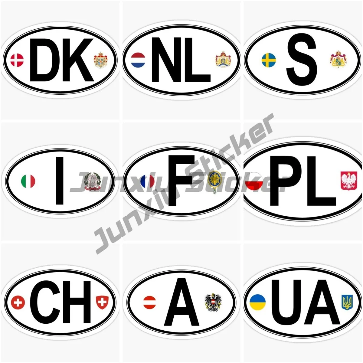 Italy, Switzerland, Ukraine, France, Poland, Austria, Sweden, DK NL Oval Flag Code, Vinyl Self-adhesive Waterproof Sticker