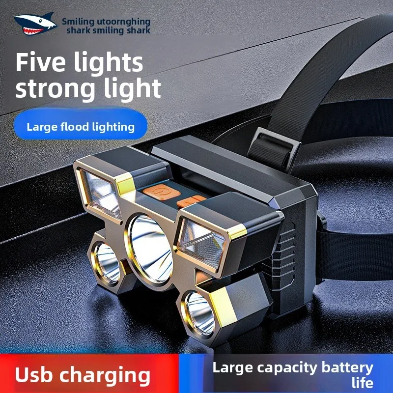 Fixed Focus Long Range High Brightness Five LED Large Floodlight Outdoor Portable USB Rechargeable Waterproof Compact Headlamp