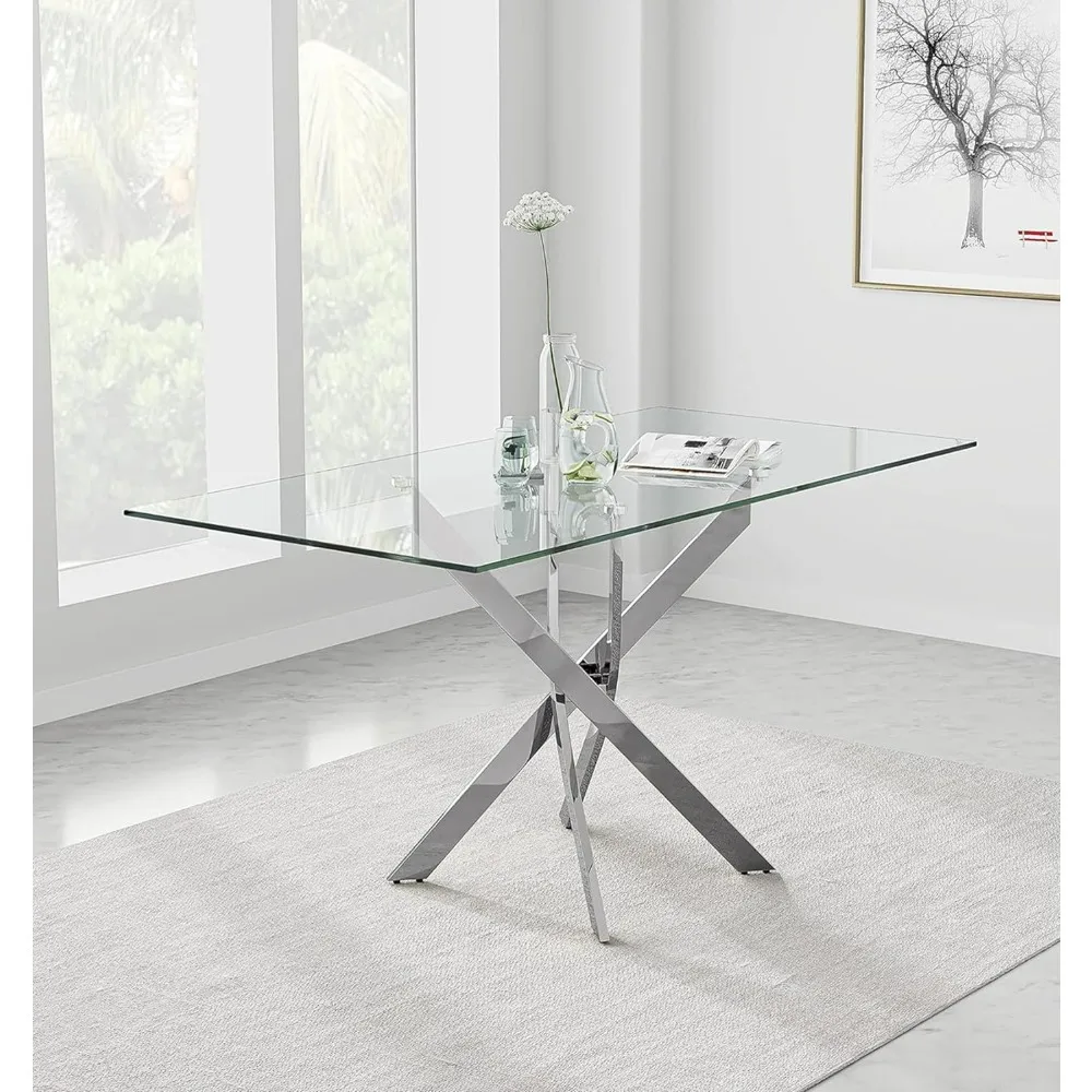 Dining Table,Glass Dining Table with Chromed Legs, 47in Rectangular Kitchen Table for Kitchen Dining Room Office,Kitchen Table