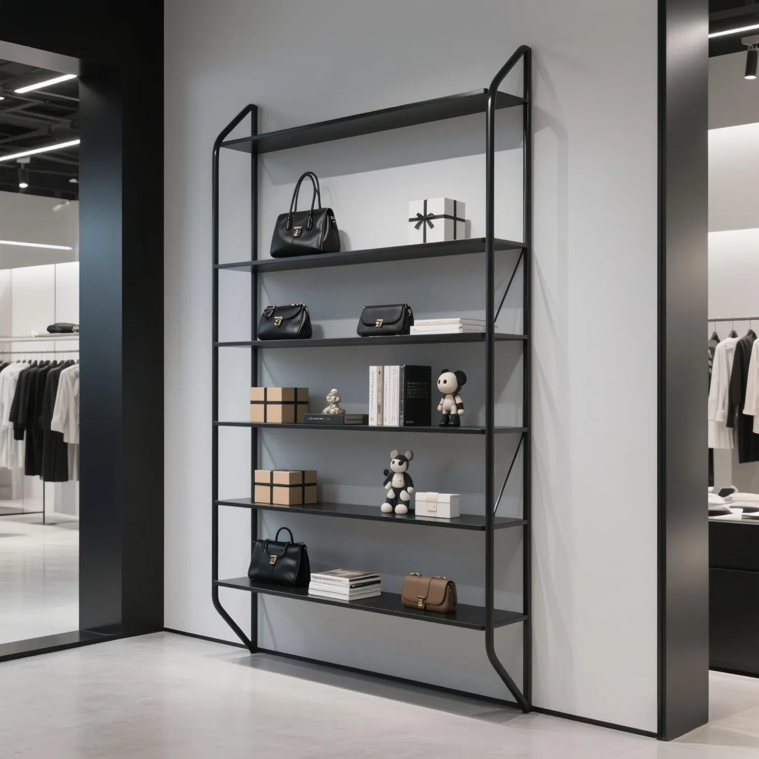 Clothing store shelves Multi-layer shelves On the wall Black storage shelves Storage racks Shoes and bags Sample display racks