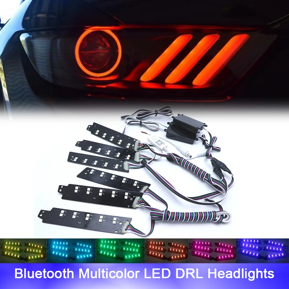 

For Ford Mustang 2013-2017 RGB Front Headlight DRL Daytime Running Lights Angel Eyes Canbus Multi-color Head Lamps