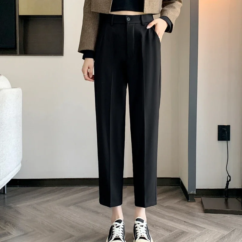 Women\'s High-Waisted Suit Pants 2024 Spring Summer Solid Button Casual Loose Ankle-Length Khaki Workwear Trousers Women