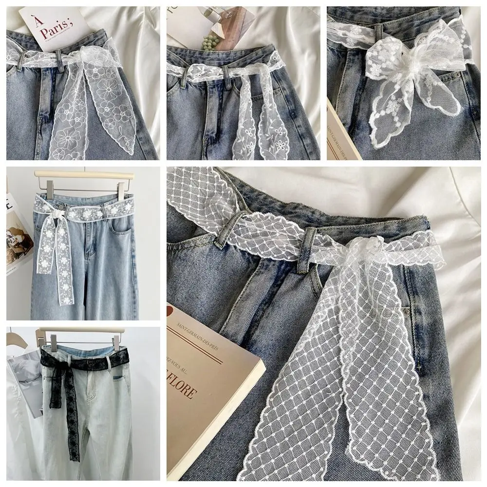 Cintura in pizzo dolce alla moda Cintura in vita con fiocco lungo in garza Abito floreale sottile Cintura jeans Streetwear