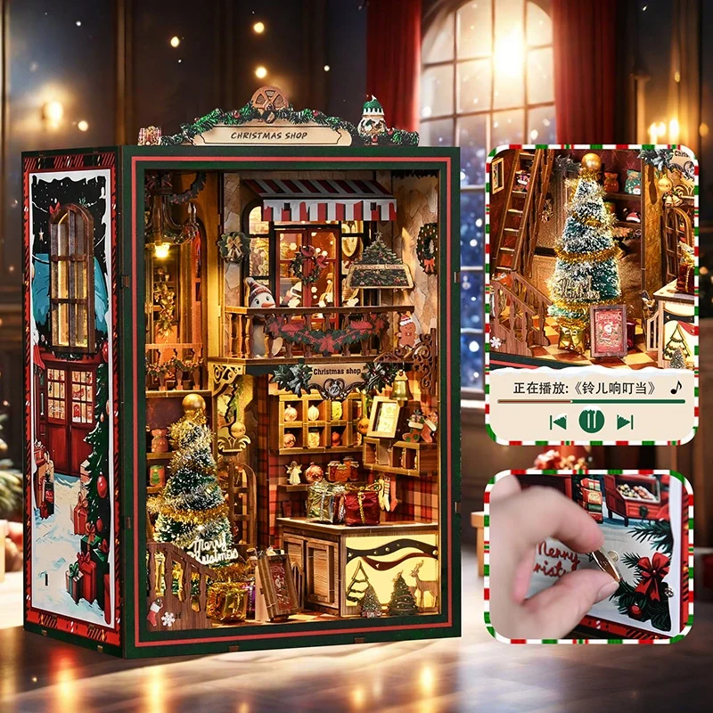 DIY Christmas Bookshelf Kit-3D Wooden House Assembly Model with Creative Bookshelf Decorated with LED Lights