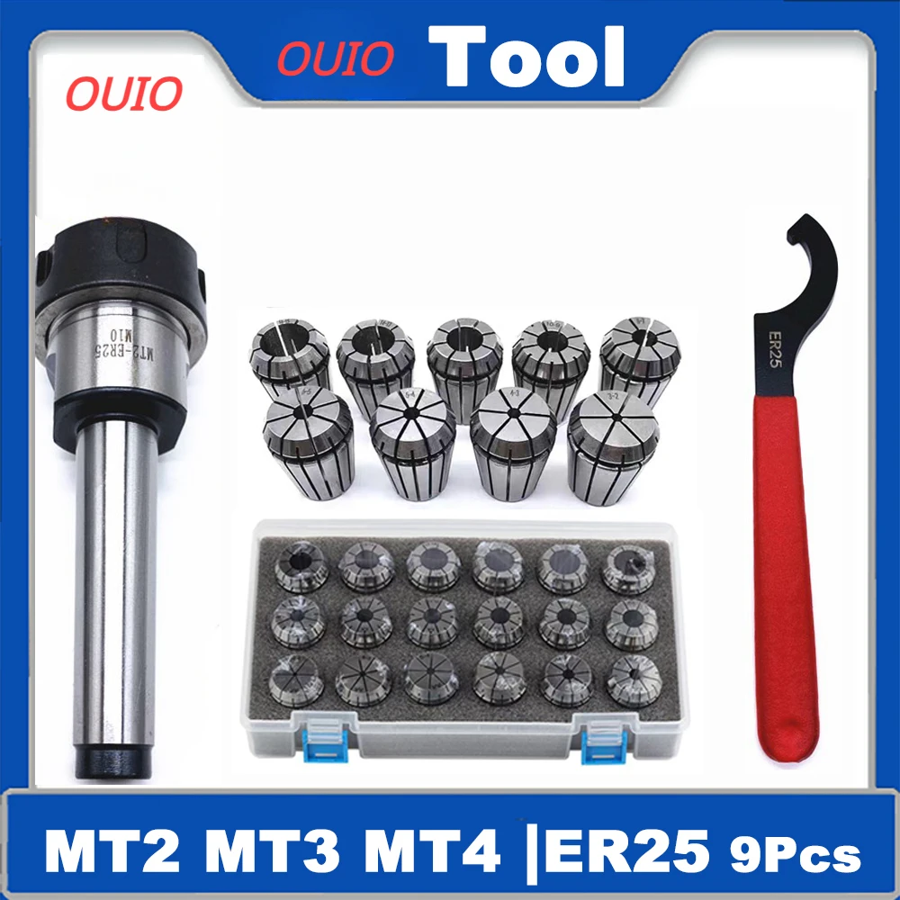 OUIO ER25 Collect MT2 MT3 MT4 ER25 morsetti a molla 15PCS MT2 ER25 M12 ER25 pinza Chuck Morse Cone Holder MT2 MT3 MT4 ER25 Set