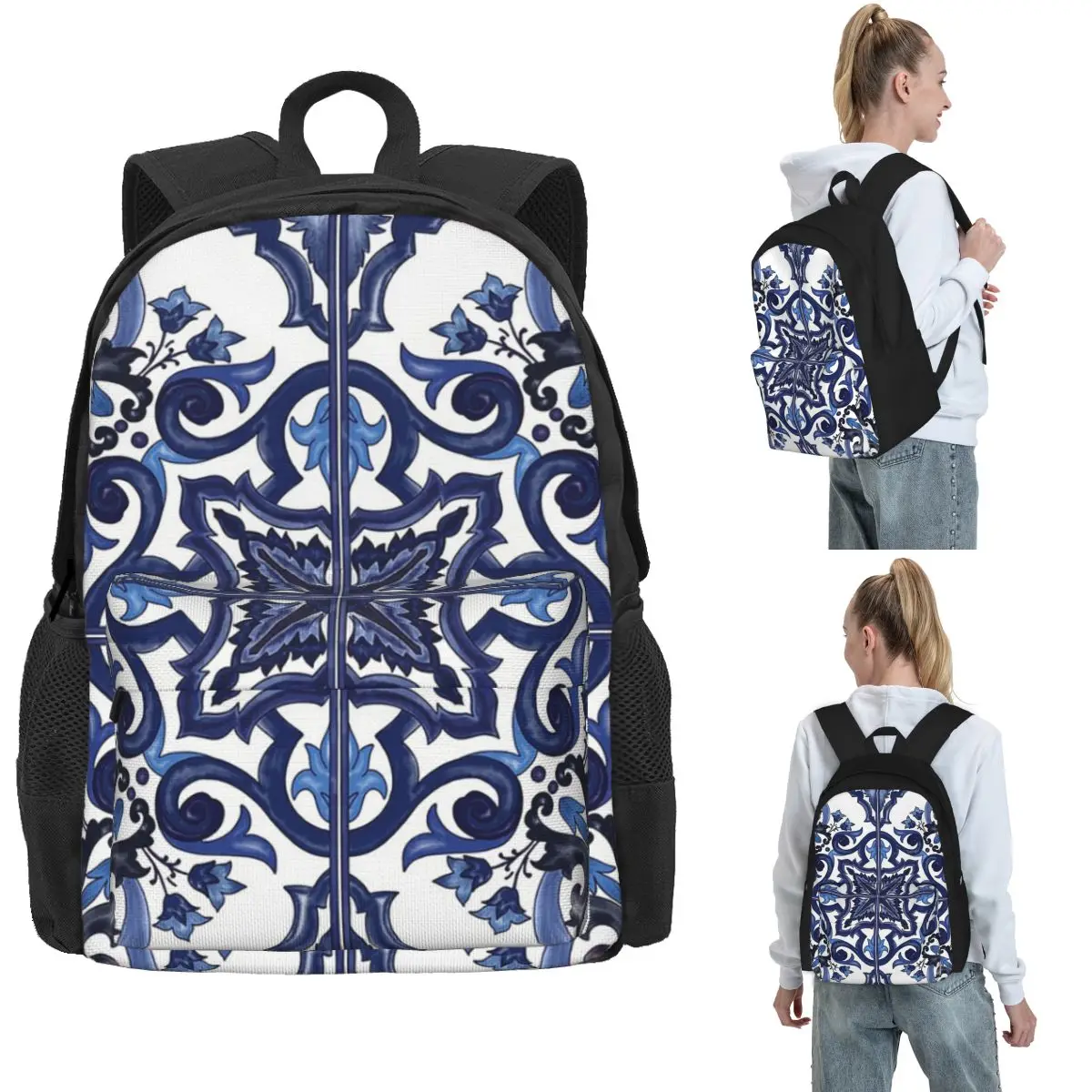 Blue Ornate Floral Mediterranean Sicilian Tile Backpack Hot Sale Daypack Large Capacity Children BookBag School Bag