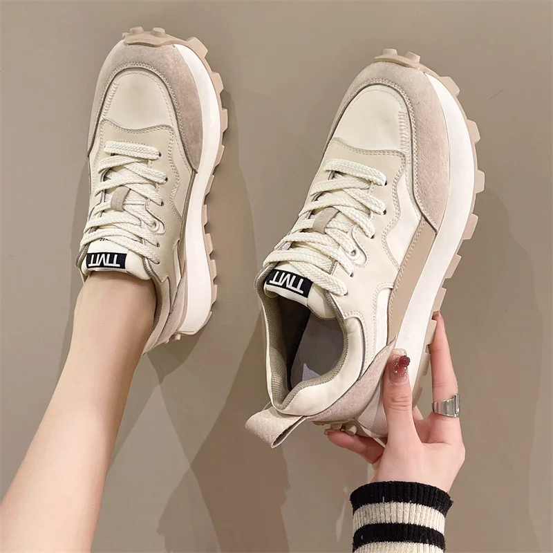 

Leisure Sneakers Women Genuine Leather Mixed Colors Lace-up Round Toe Spring 2023 Fashion Ladies Shoes Handmade Vulcanized Shoes