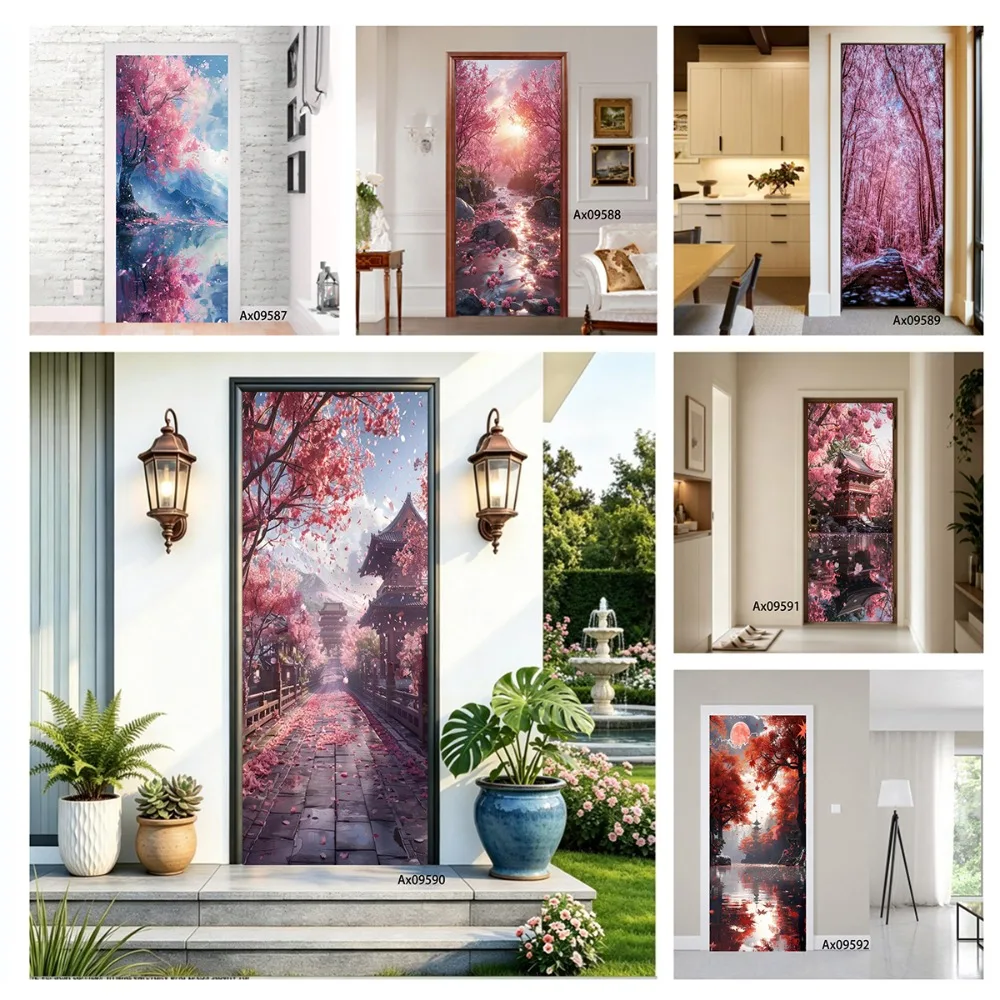 Sakura Red Maple Landscape Forest Temple Mountain River Doors Sticker Full Door Cover Decals Wallpaper Home Cabinets Decoration