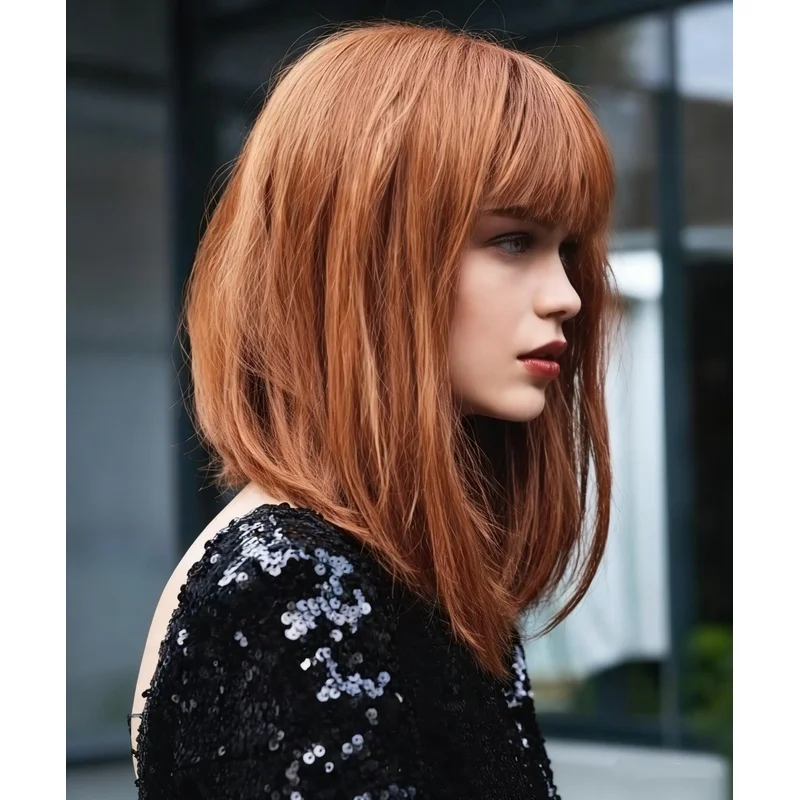 Short Copper Red Wigs with Bangs Lace Front Human Hair Wigs for Women