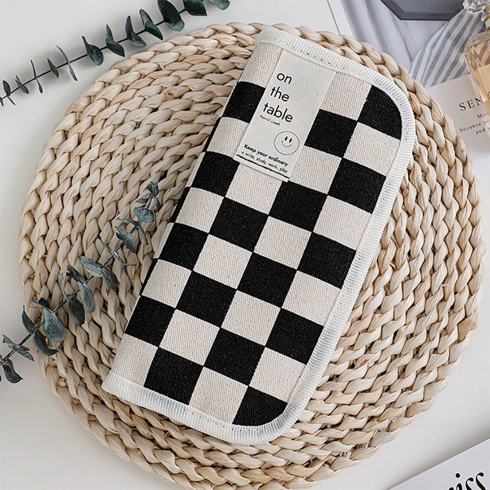 Черно-белая сумка для ручек с шахматным узором, простая модная большая вместительная холщовая сумка для хранения канцелярских принадлежностей для студентов, сумка для ручек